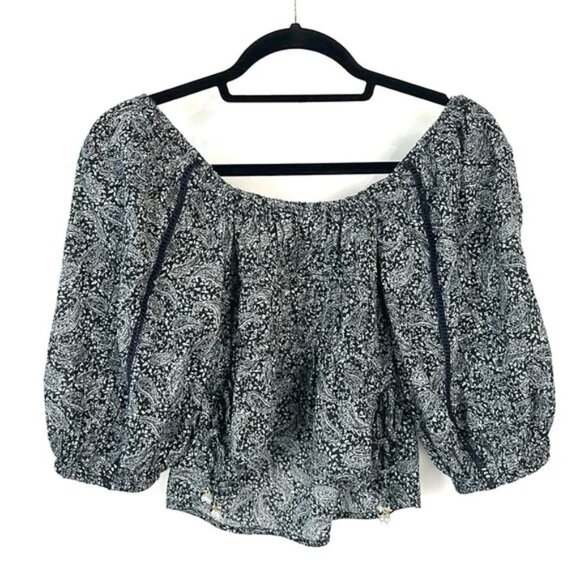 Sam Edelman Meadow Paisley Fields Gardenia Long Sleeve Off-Shoulder Top - Picture 3 of 9